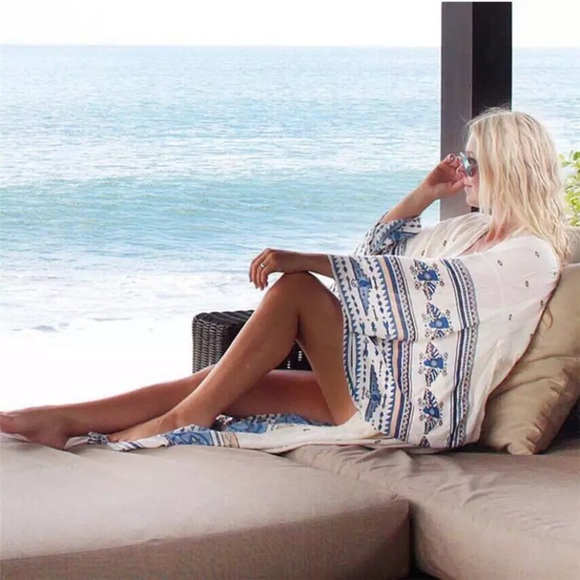 SOLD OUT Blue Aztec Sheer Chiffon Beach Wrap Coverup - Picture 2 of 3